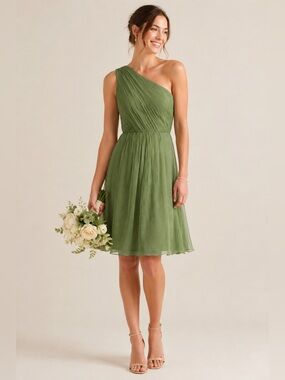 Amsale Crinkled Vibrant Green Silk Chiffon One-Shoulder Mini Dress Bridesmaid